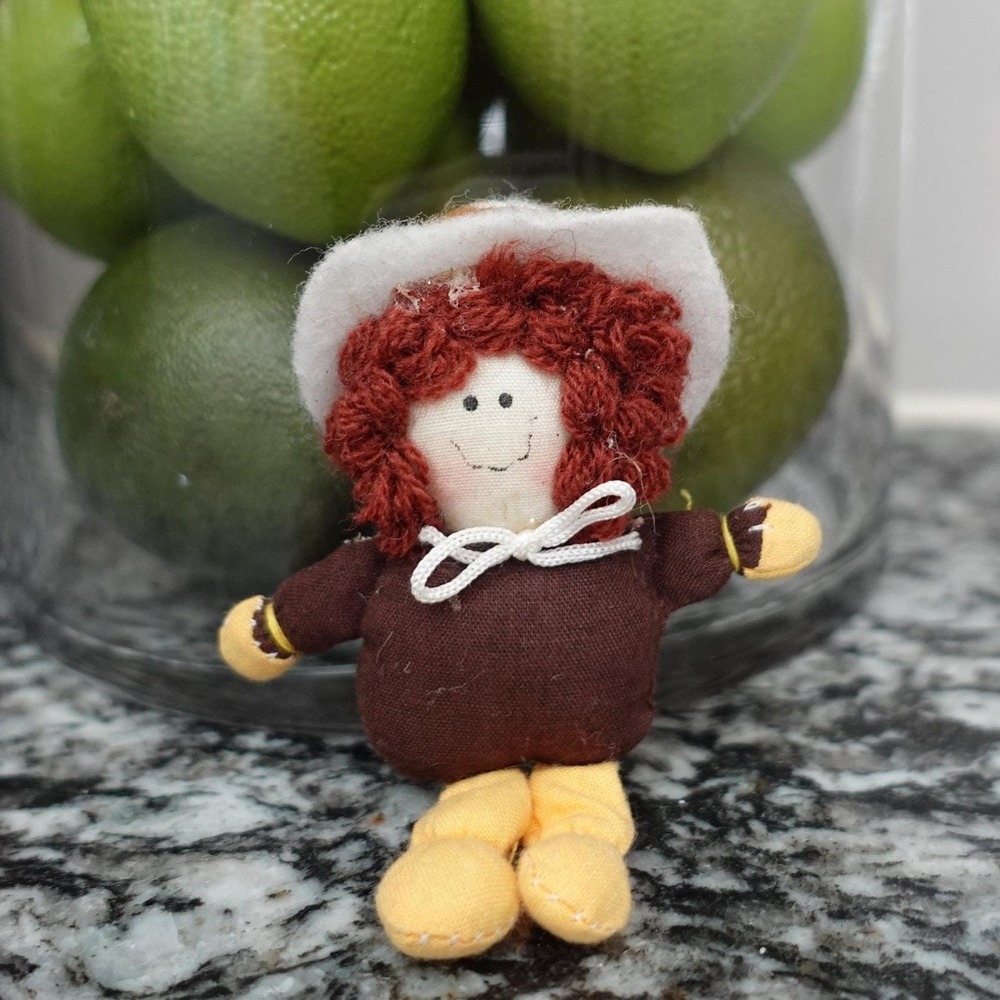 Vintage Country Girl Doll Ornament Brown Dress Red Hair White Hat Decoration